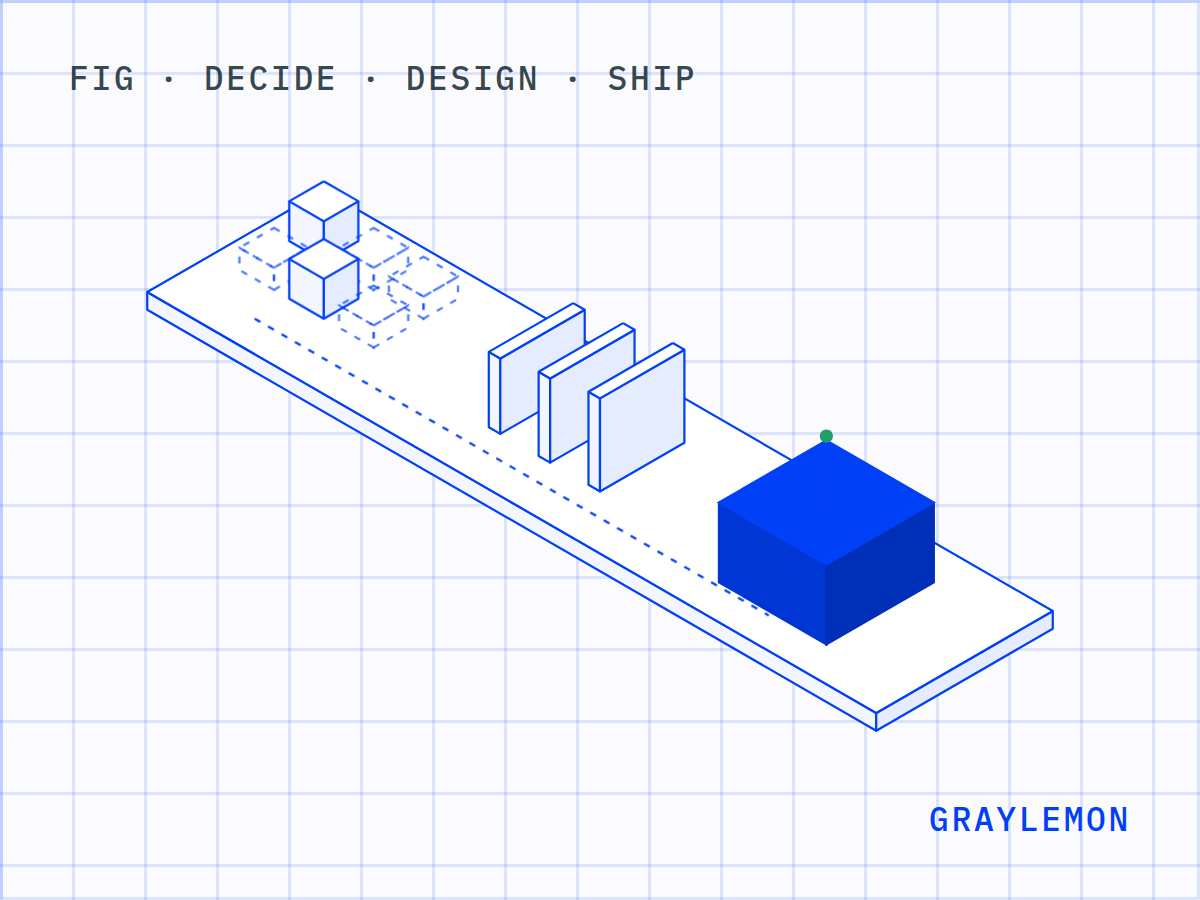 Decide · Design · Ship, drawn on a blueprint grid: one base carrying the three steps, from ideas sorted and cut, to screens, to a live product.