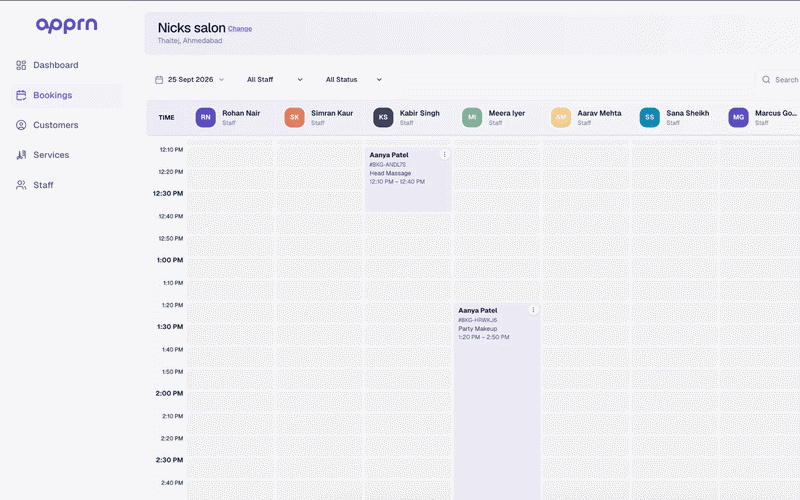 apprn interface: a salon's bookings calendar and its services list.