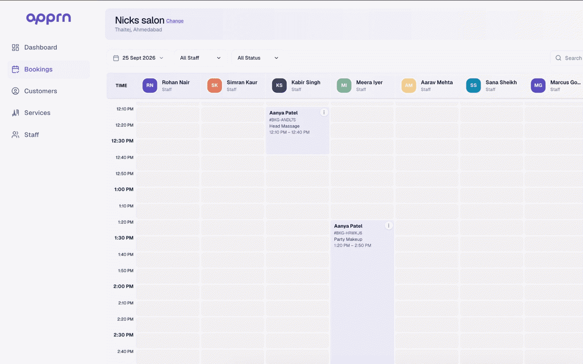 apprn product screens for a salon: the bookings calendar, with each artist's appointments by time; then the services list, with category, duration, gender and the artists who perform each service.