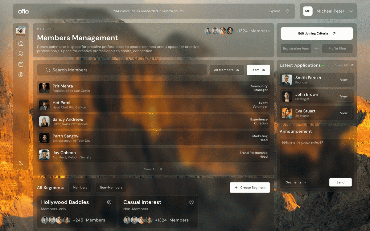 otlo product screens: Members Management, with the member list and roles, latest applications, announcements and segments; then The Founders' Club community page, with upcoming gatherings, locations and community leaders.